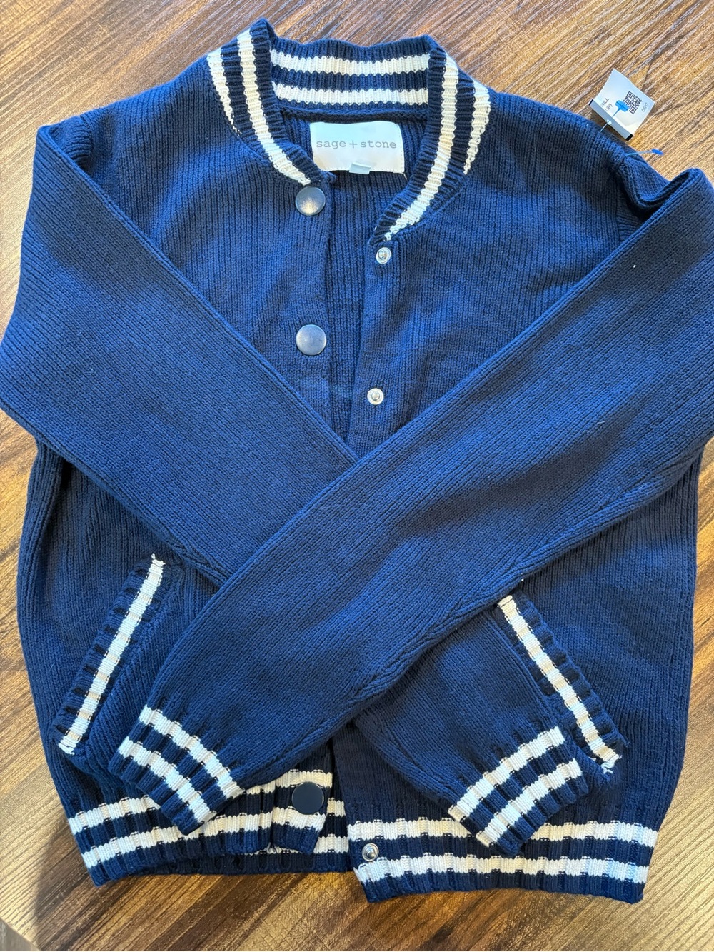 Navy Knit Cardigan with Cream Stripe Trim